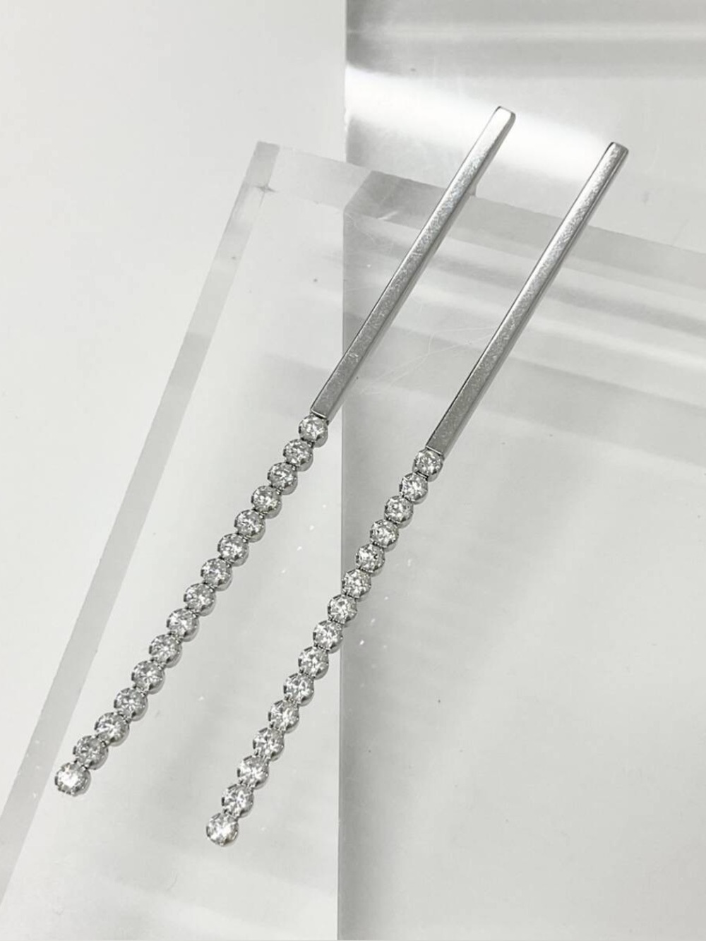 CELINE Rhinestone Bar Drop Earrings Silver Pierced Ears